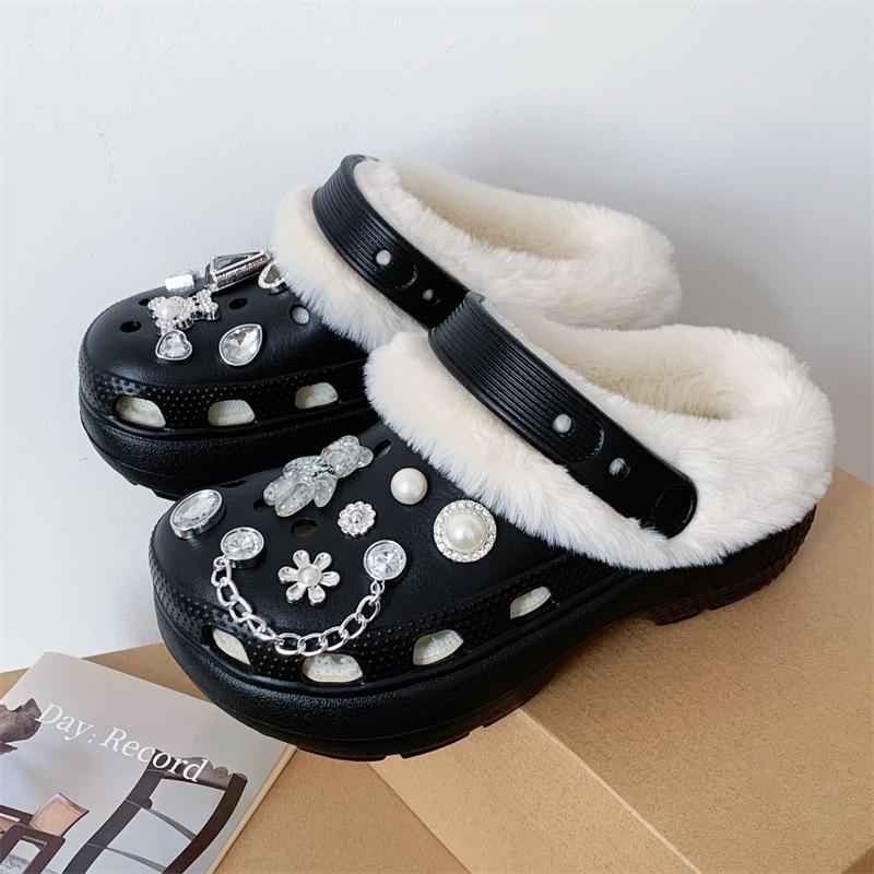 Damen Fleecegefütterte Abnehmbare Baumwollpantoffeln - Herbst/Winter Pelzschuhe mit Lochdesign