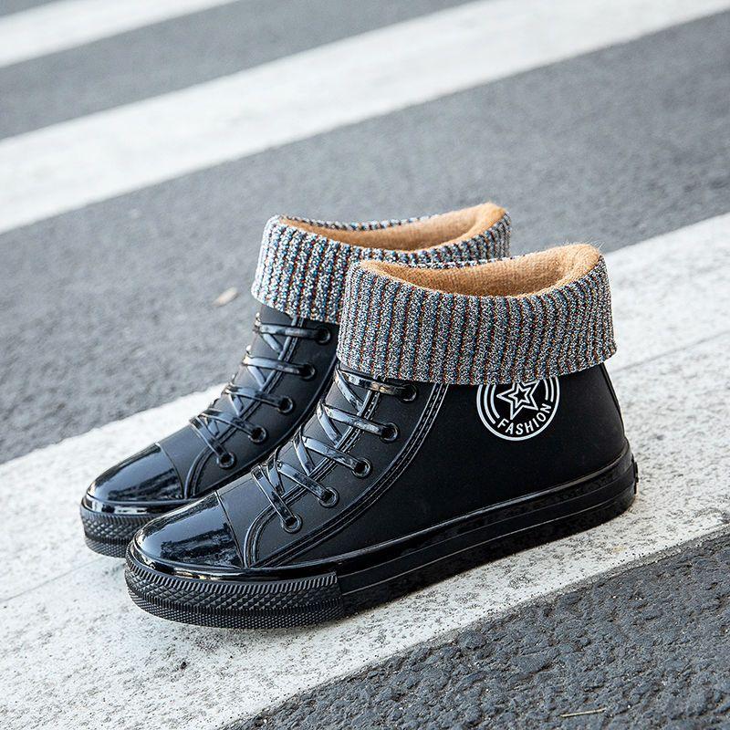 Stylish Warm Womens Galoshes Rain Shoes with Fur Winter Waterproof Boots Woman Fashion Garden Rainshoes Plush Raining Boot