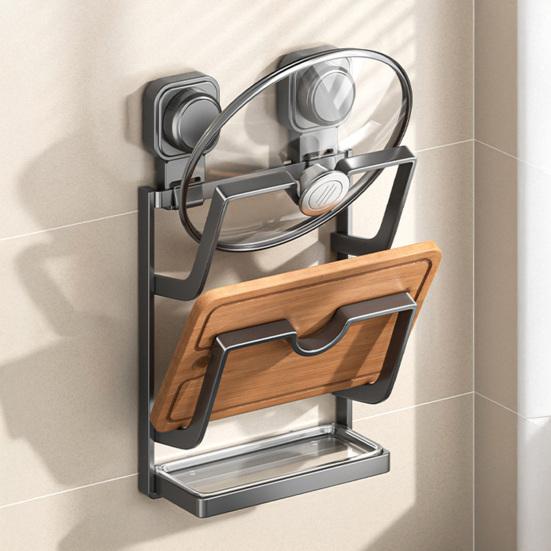 Wall-Mounted Pot Lid Holder Suction Cup Kitchen Pot Lid Organizer Pan Lid Storage Rack with Removable Drip Tray for Cutting Board
