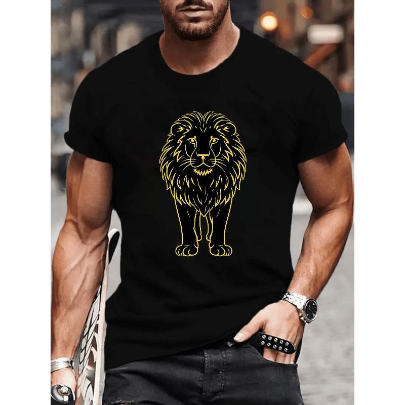 

European sizes The Black and Yellow Contrasting Lines Outline the Image of Lion Print This Patterned Round-neck T-shirt Is a Versatile Men s T-shirt 4XL чорний