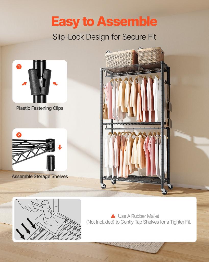 VEVOR Rolling Clothes Rack, Heavy Duty Clothing Garment Rack, 3 Adjustable Tiers Clothing Racks with Carbon Steel