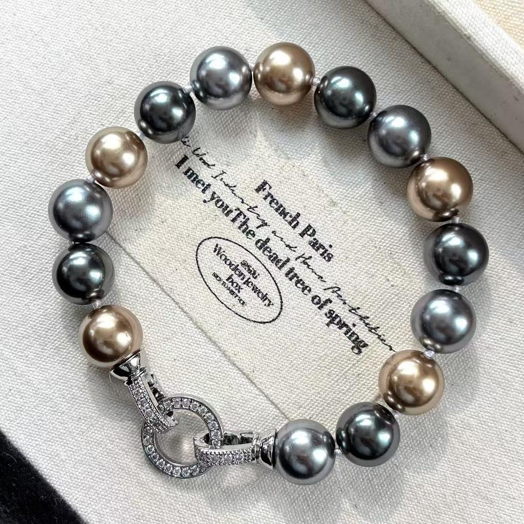 Retro High Quality Strong Light Black Coffee Color Artificial Water Crystal Tahitian Pearl Bracelet