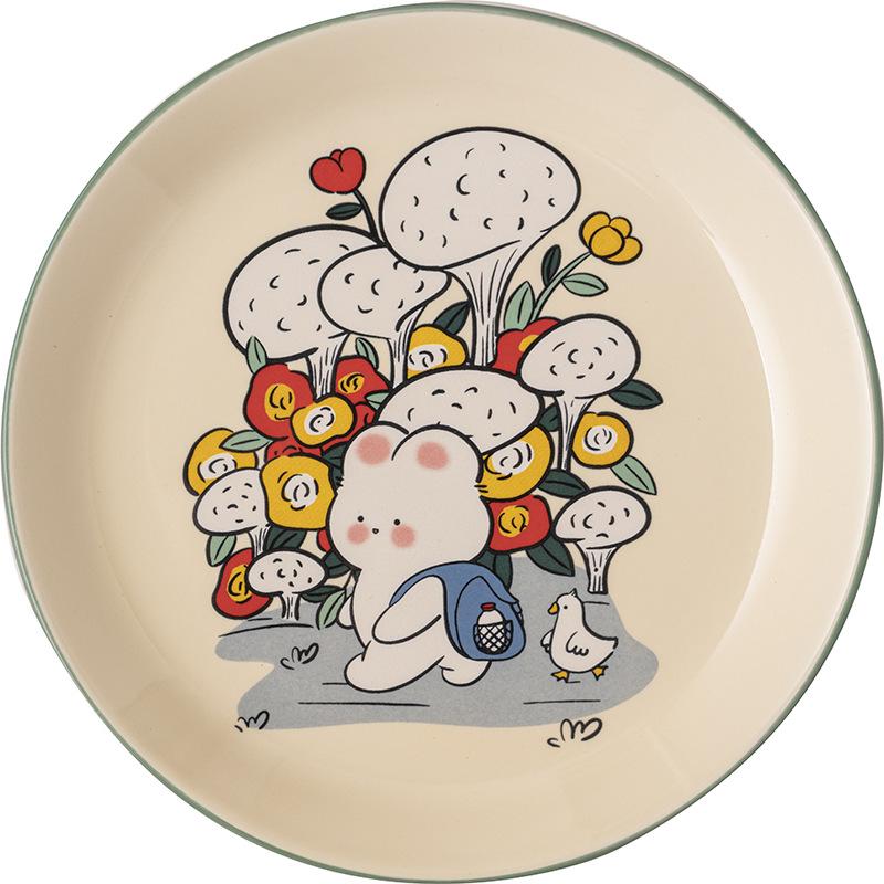 8.2 Inch Cartoon Rabbit Dinner Plate Ceramic Painting Serving Dishes Flower Bunny Dessert Tray Salad Plate Microwave Safe
