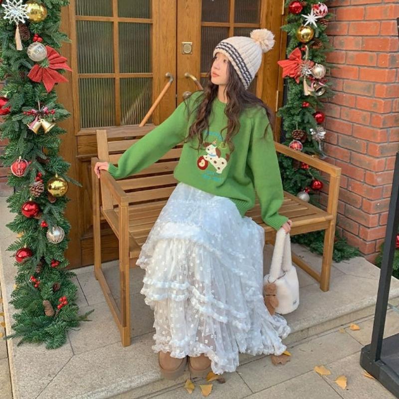 Women's Autumn/Winter Lace-Trimmed Tiered Fuzzy Midi Skirt - Loose A-Line Sweet Long Skirt with Cake-Layer Design