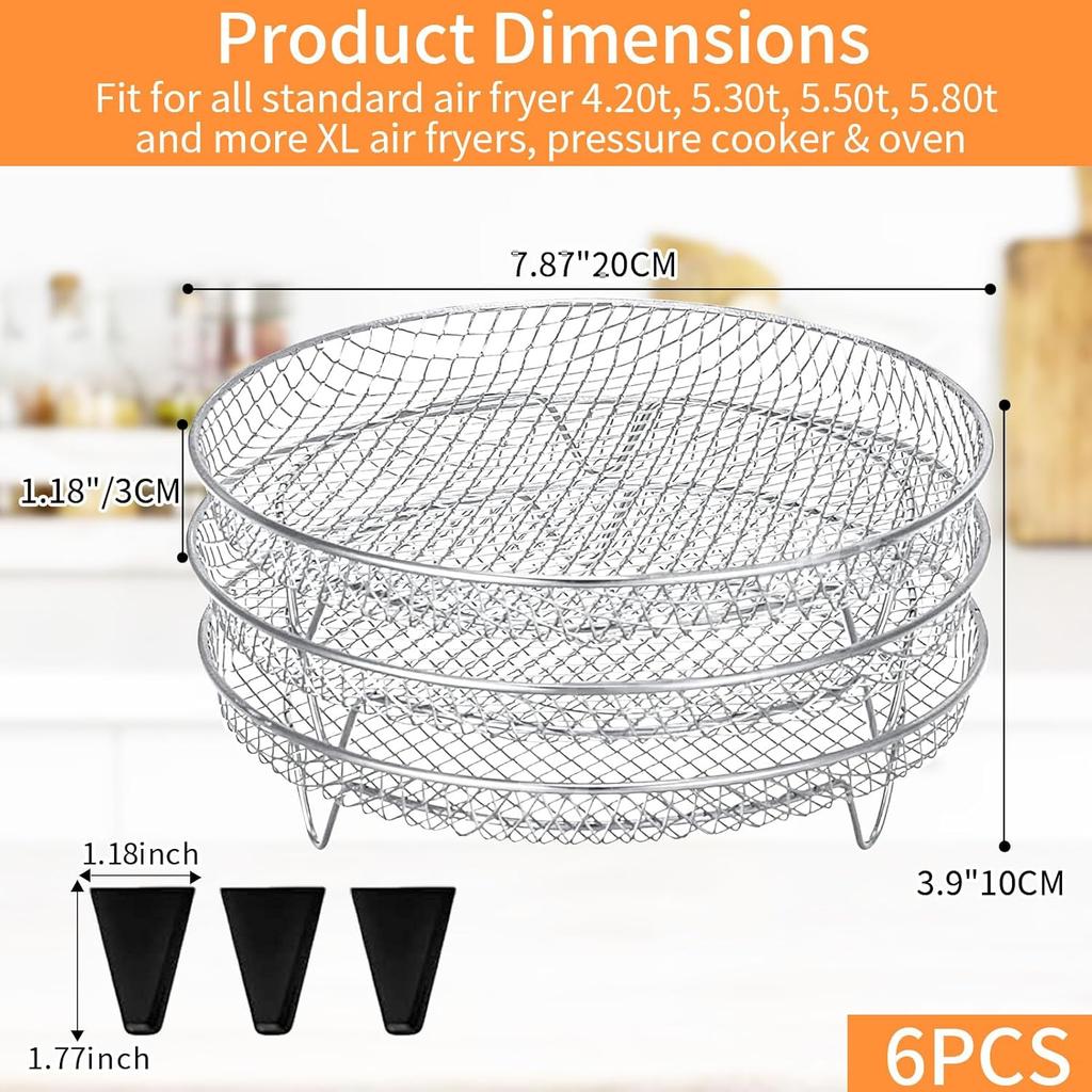 GCQ Air Fryer Rack, 3-Pack Stackable Round Dehydrator Racks for Oven & Air Fryer, 8x8x1.57 Inch, Food Grade Stainless Steel, Fits Inner Diameter