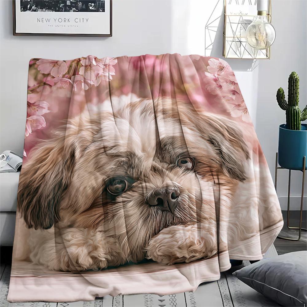 Cute Shih Tzu pattern Flannel Blanket, High quality Comfortable for All Seasons, Home Decor, Warmth and Comfort, Perfect for Gifts.