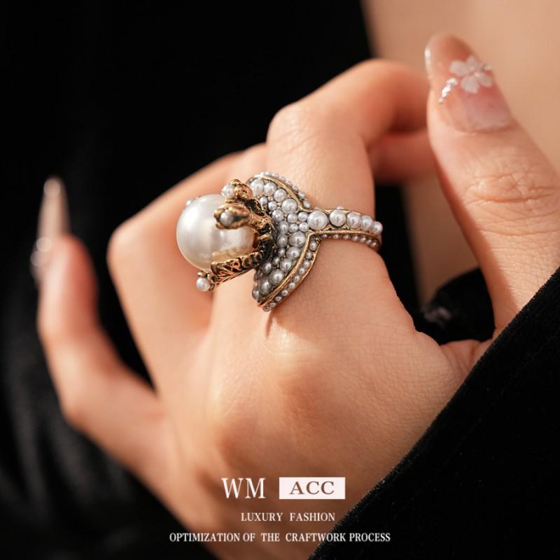 Vintage Perlenblumenring Damen Gold Weißton Retro Finger Boho Chic Statement Schmuck