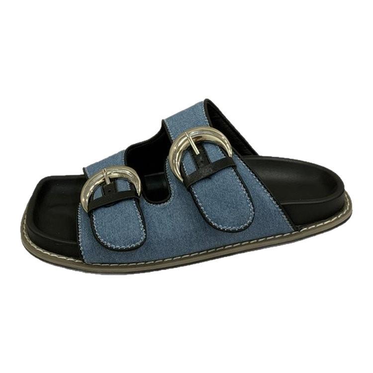 2025 Summer New Denim Casual Flat Bottom Square Head Buckle with Slippers Women's Sandals Wear Versatile Slippers Women's Trend