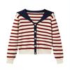 A New Autumn Knitted Cardigan for Women with A Contrasting Color Navy Collar and Stripes, Making Them Look Slimmer