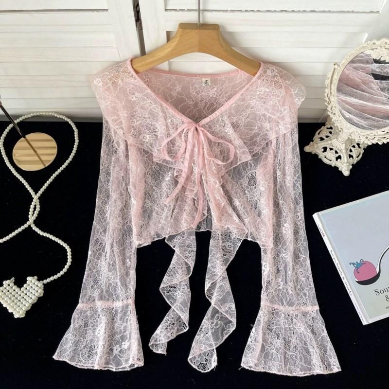 Giacca Estiva Leggera da Donna a Svasatura con Maniche Lunghe, Cardigan Pizzo Corto Ruffled con Laccio Frontale Protezione Solare, Top Sciarpa in Chiffon