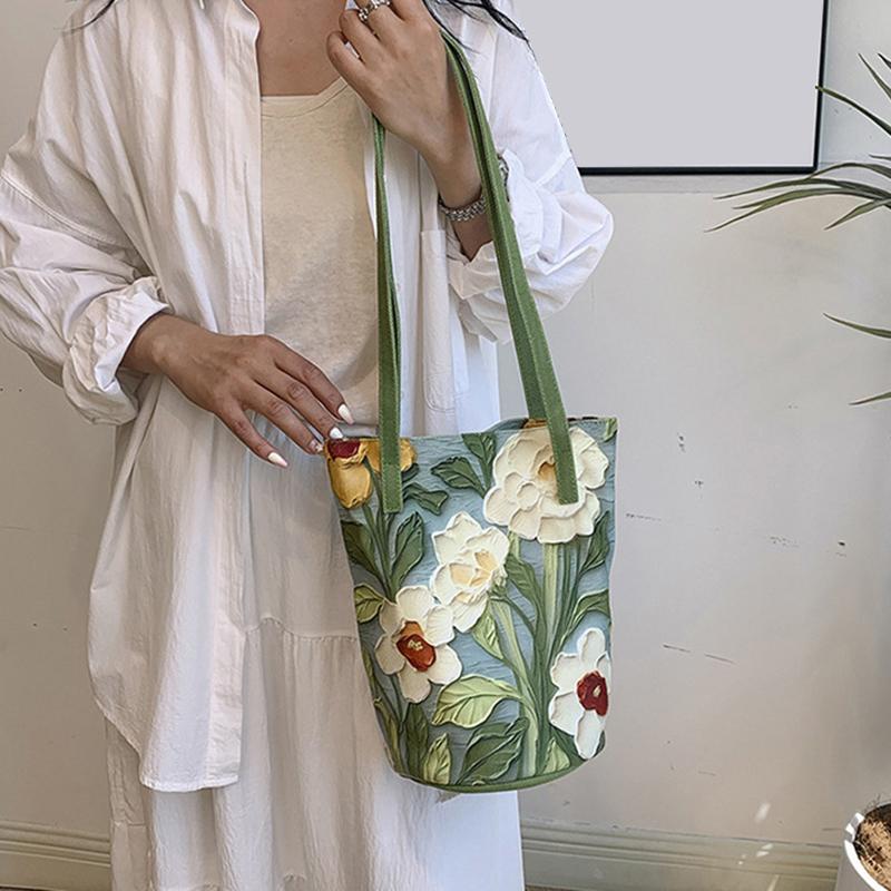 Yogodlns Nová Módní Květinový Vzor Kbelíková Taška Plátěná Ležérní Taška přes Rameno Velká Kapacita Kreativní Kabelka pro Ženy