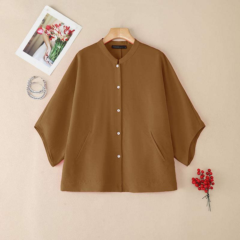 ZANZEA Women Casual Round Neck Loose 3/4 Sleeve Solid Blouse