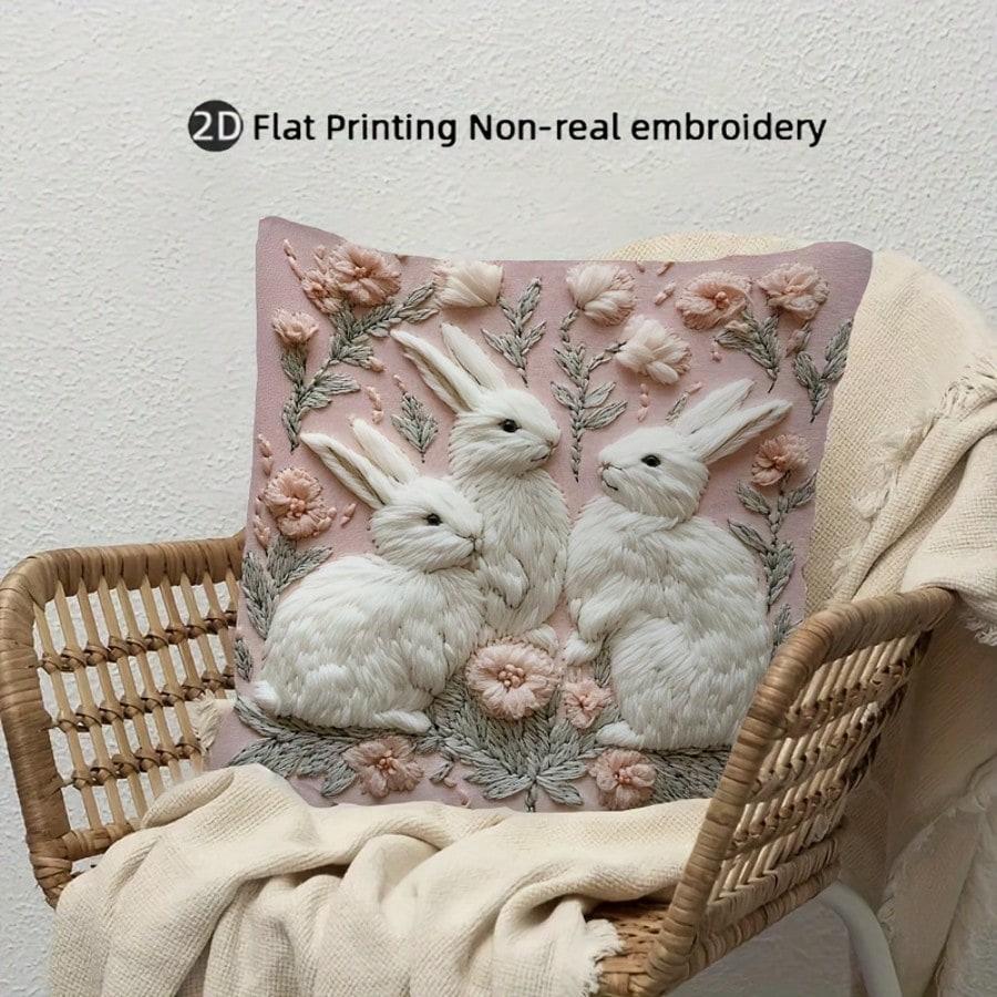 1Pc Easter Rabbit & Floral Pillow Cover Polyester 2D Double-Sided Print Sofa Cushion Case Gift For Living Room
