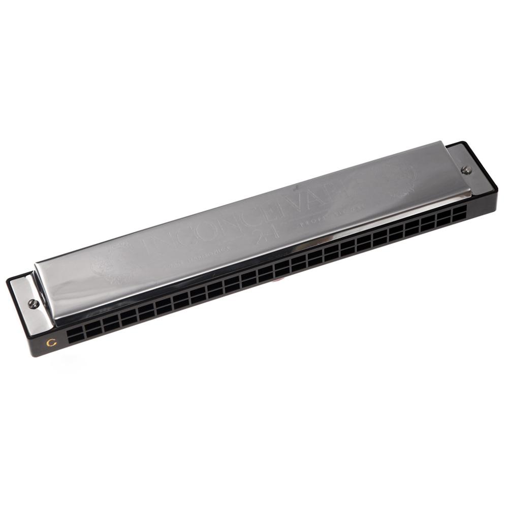 Swan Tremolo Harmonica Mouth Organ 24 Double Holes with 48 Reeds Key of C Free Reed Wind Instrument with Case Silver
