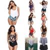 European & American High-Waist Tummy Control Lotus Leaf Off-Shoulder Backless Print Bikini