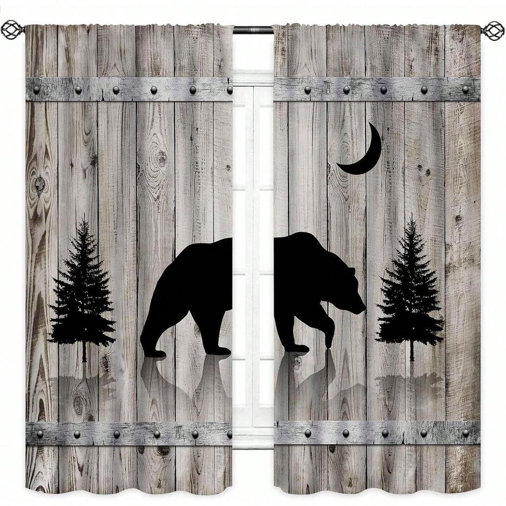 Rustic Bear Curtain  Farmhouse Cabin Country Wild Animal Vintage Wooden Board Forest Printed Bedroom Living Room Kitchen Window
