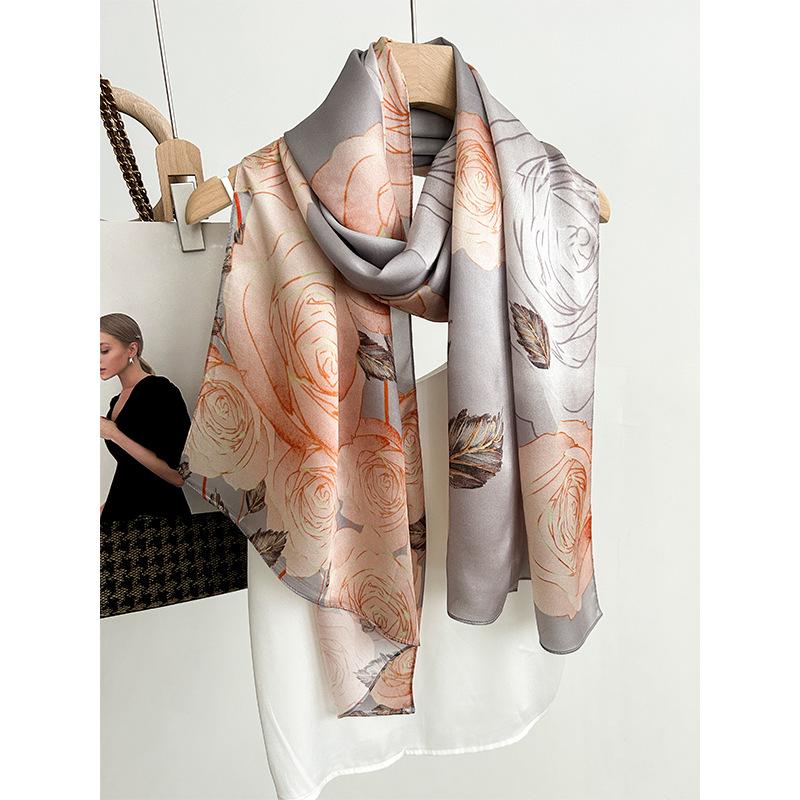 Silk Silk Scarf New Versatile Flower Plain Crepe Satin Silk Scarf Gift High-end Mulberry Silk Long Scarf High-end Fashion Scarf