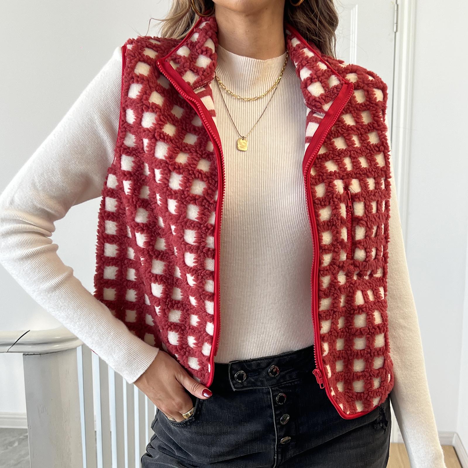 

Women Fuzzy Checkered Vest Sleeveless Stand Collar Zip Up Vest Jacket Loose Spring Fall Warm Outwear S червоний