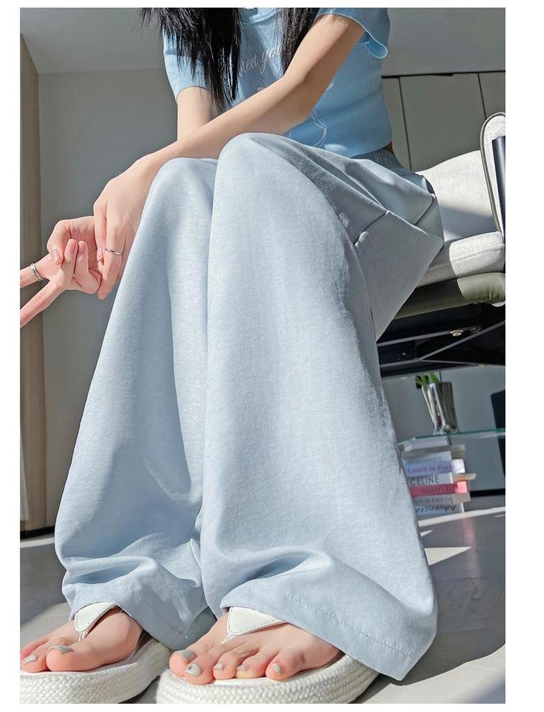 White High-Waisted Ice Silk Wide-Leg Pants for Women - Summer Casual Drape Style