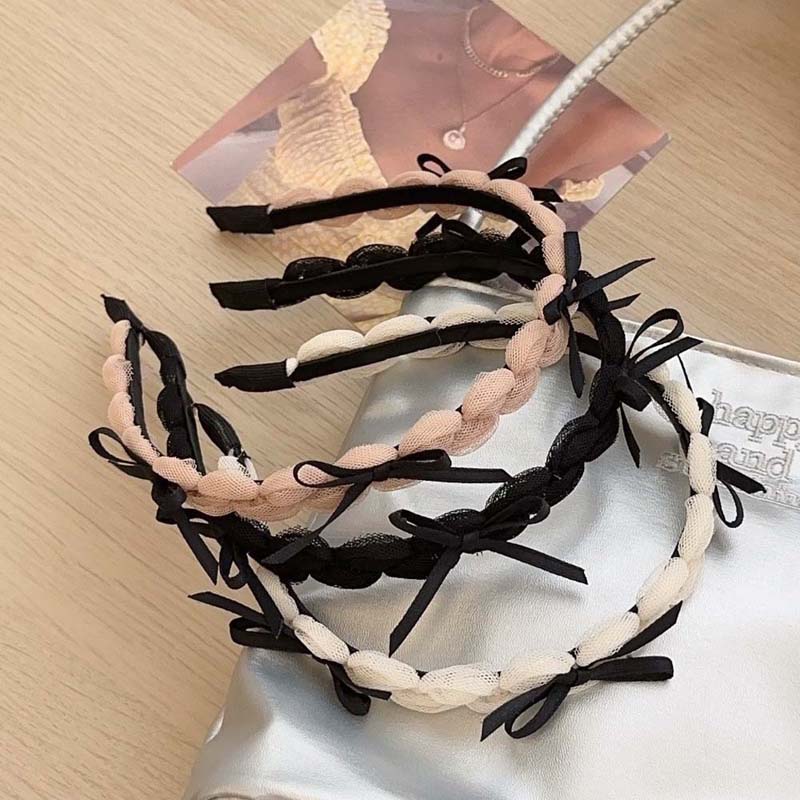 Korean Black Ribbon Bow Bezel Headbands for Women Girls Sweet Thin Edge Lace Mesh Hair Bands Hairband Hair Accessories
