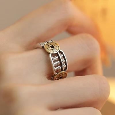 Bague avec anneau et perles d'abaque en pièce de monnaie de cuivre rétro, style ethnique tendance nationale pour femmes et hommes, ouverture réglable