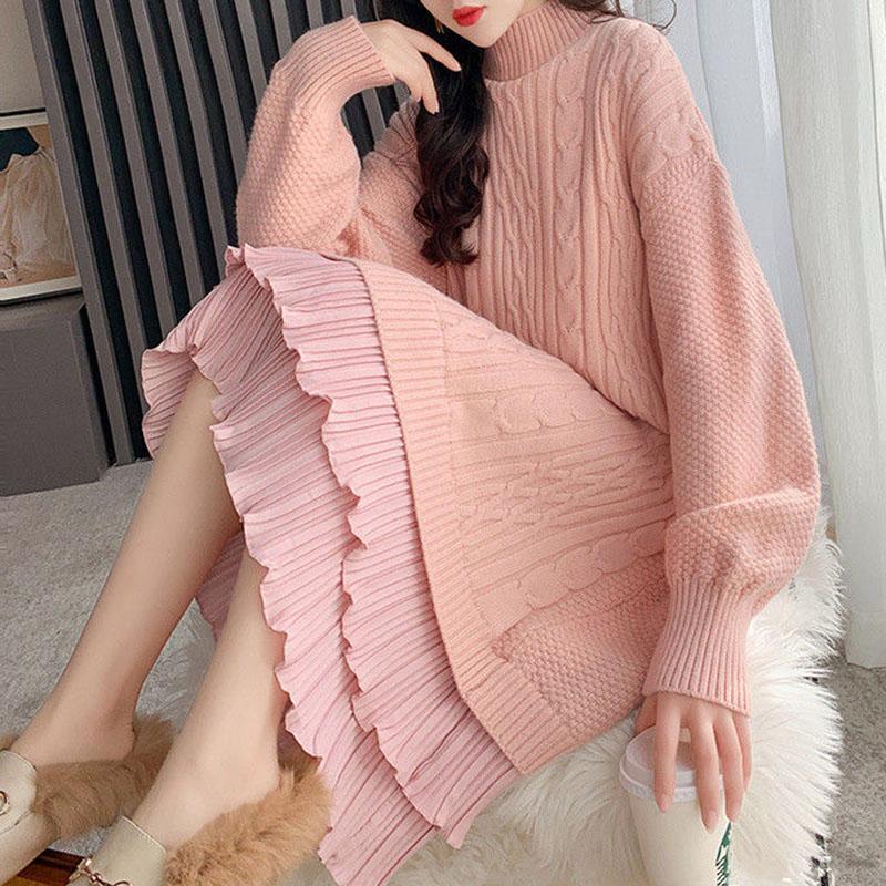 Damen-Pulloverrock in Übergröße, Damen-Herbst- und Winter-Langabschnitt über dem Knie, locker, Oberbekleidung und inneres Basishemd