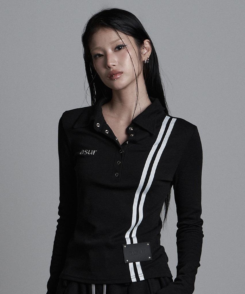 Aejeuyua Side Line Collar Long Sleeve Black