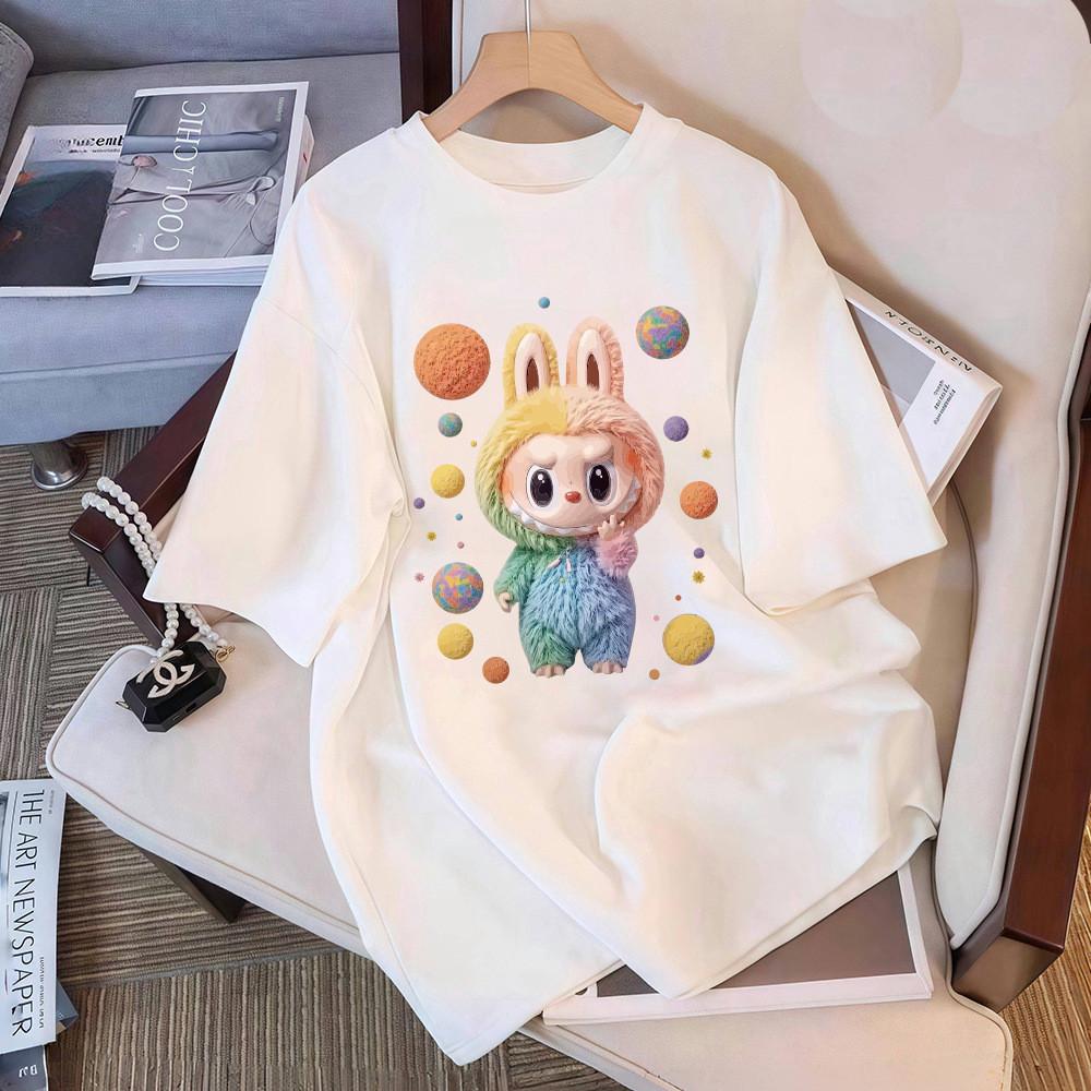 Labubu Genuine Cotton Short Sleeve T-Shirt For Everyday Korean Style Designed With Cartoon Pattern And Loose Shape
