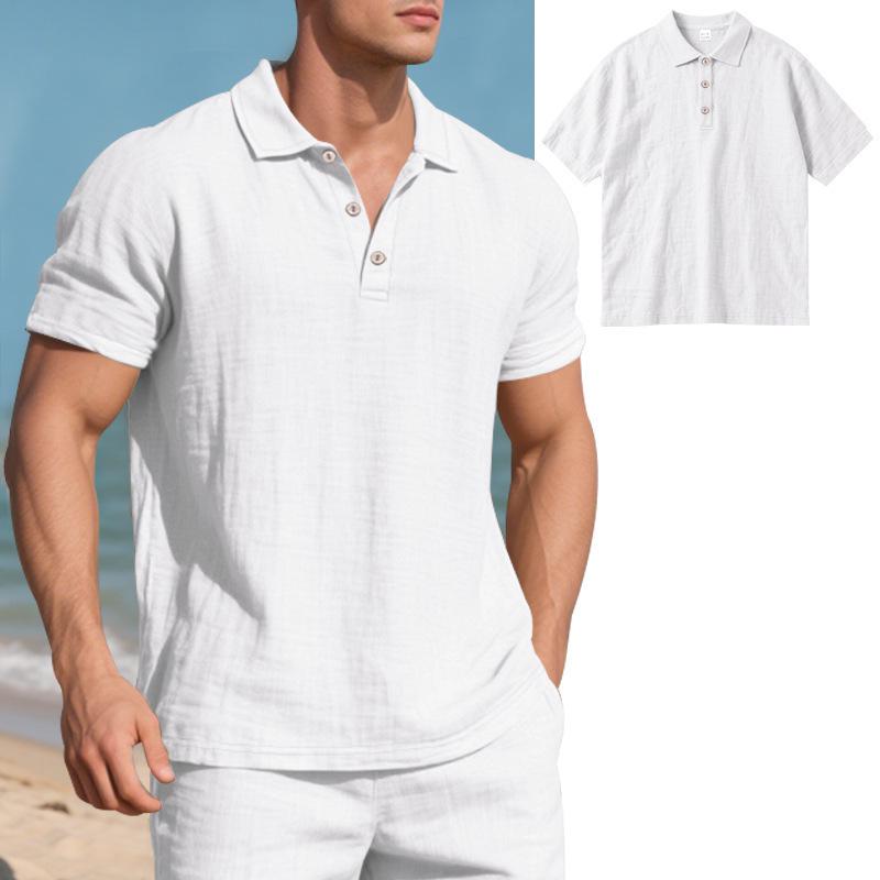 Men s Summer European-Style Loose Breathable Linen Polo Shirt, Short Sleeve S