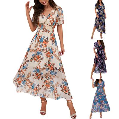Abiti Estivi Bohemien Lunghi Fluenti con Scollo a V Manica Corta con Vita Stretta Abiti Lunghi Floreali