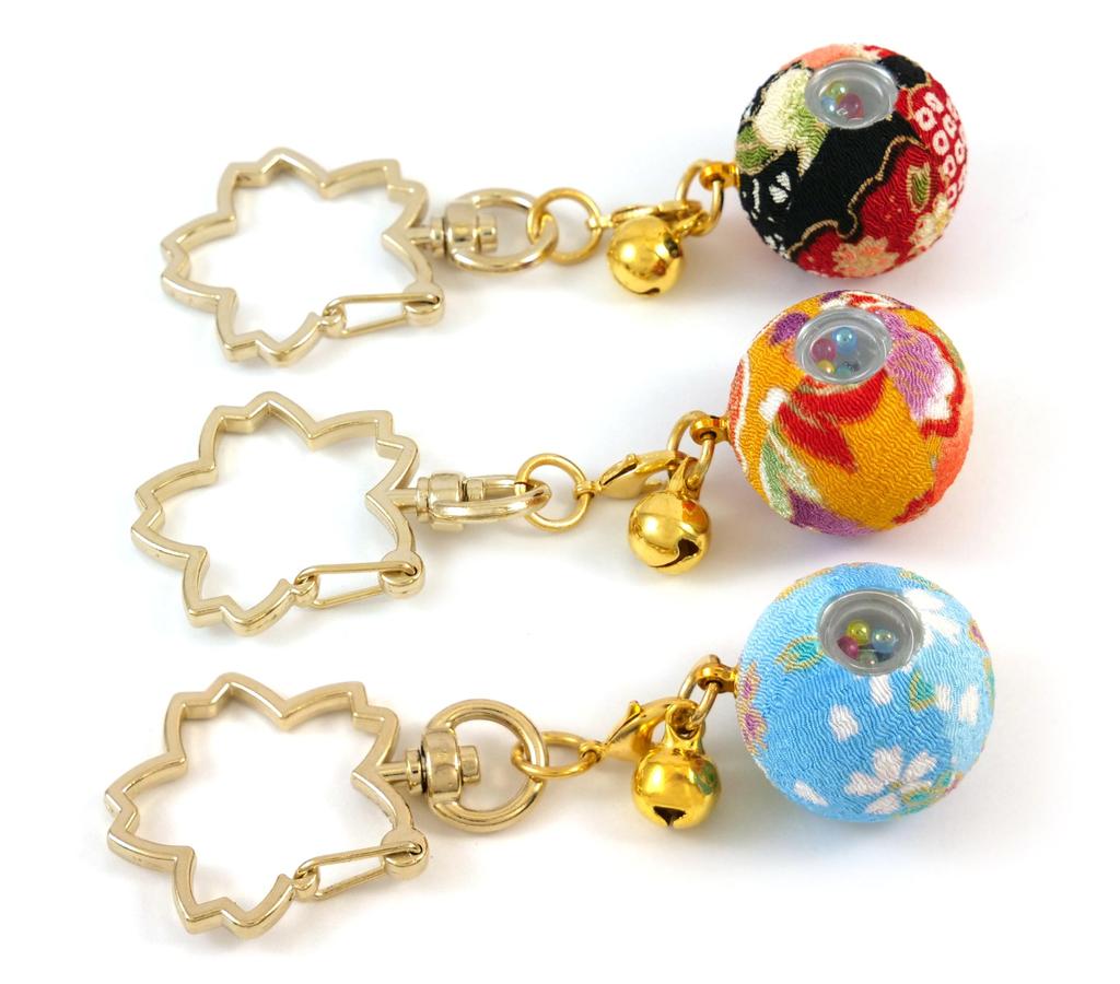 Hana Chirimen Kaleidoscope Japanese Pattern Chirimen Keychain with Bell Made in Japan Souvenir 1 Red and [ZOON] (Set (Sky Blue, Yamabuki, Black))