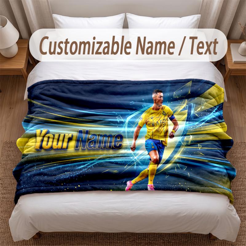Cristiano Ronaldo Printed Flannel Blanket Custom Name Text Soft Warm Throw For Bedroom Holiday Gift