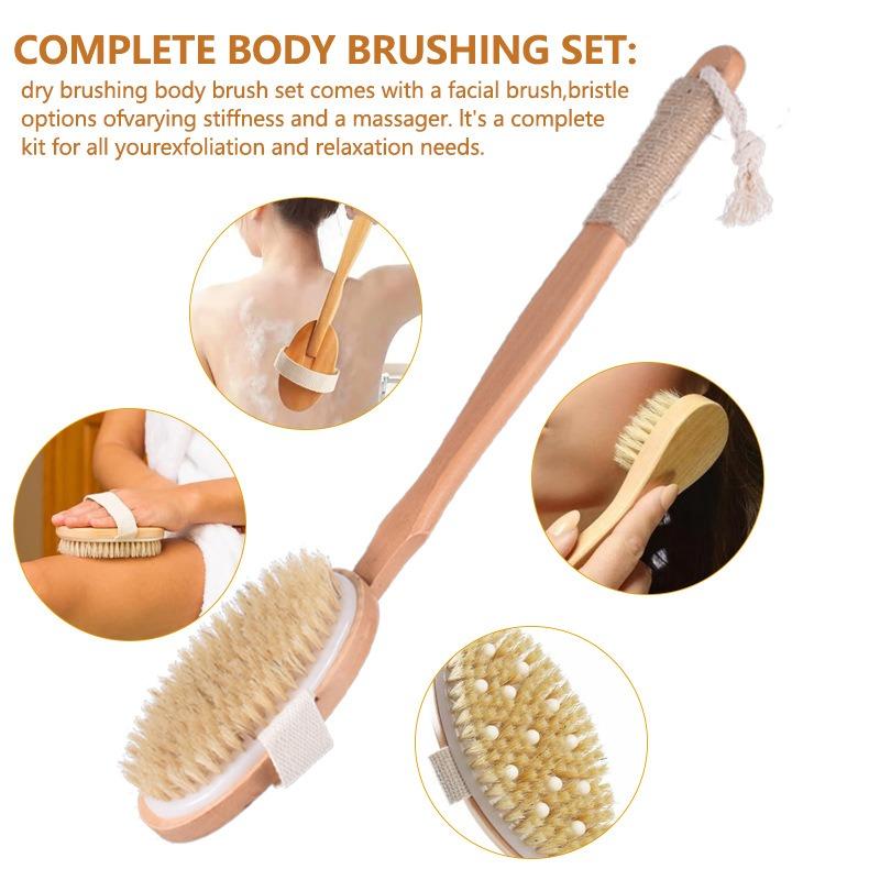4pcs Boar Bristle Bath Brush Set Body Brush Set Exfoliating Dry Body Brush Facial Massage Brush