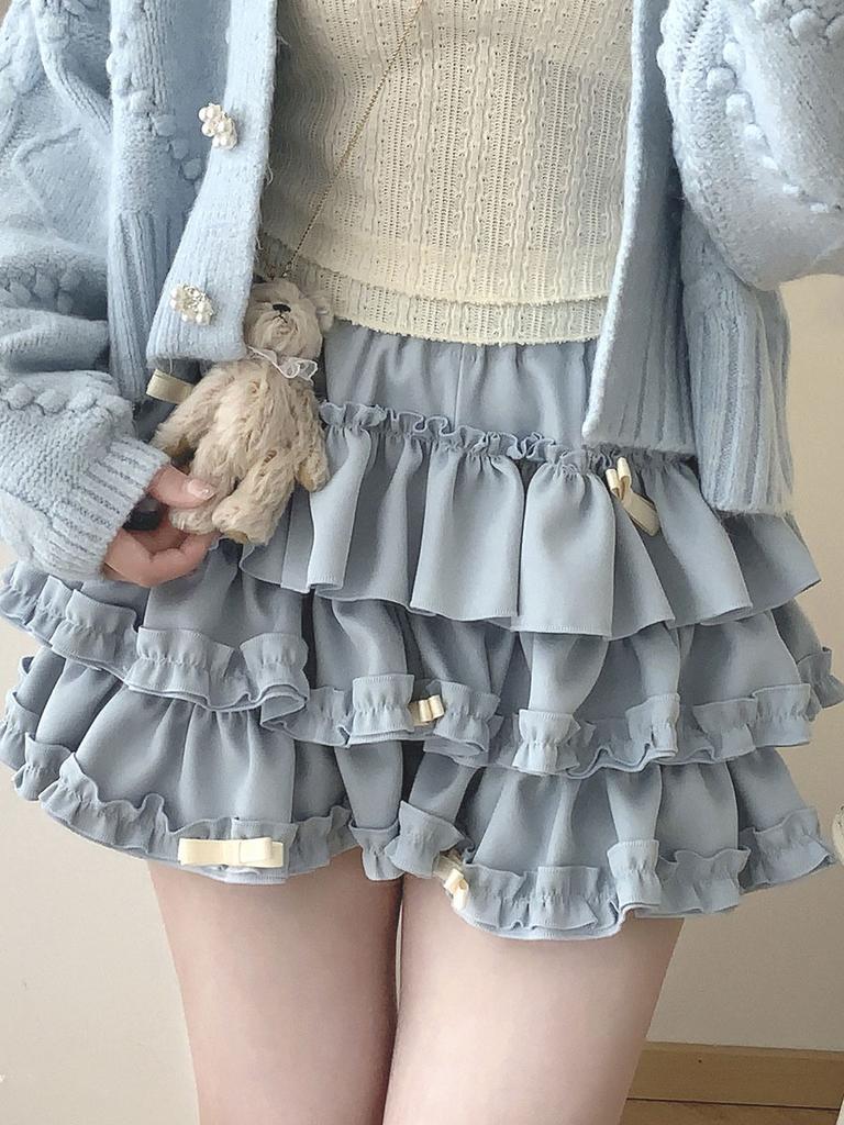 Bow Mini Skirt for Women Kawaii Cute Ruffle Cake Skirt Shorts Girls Harajuku Japanese Style Clothing