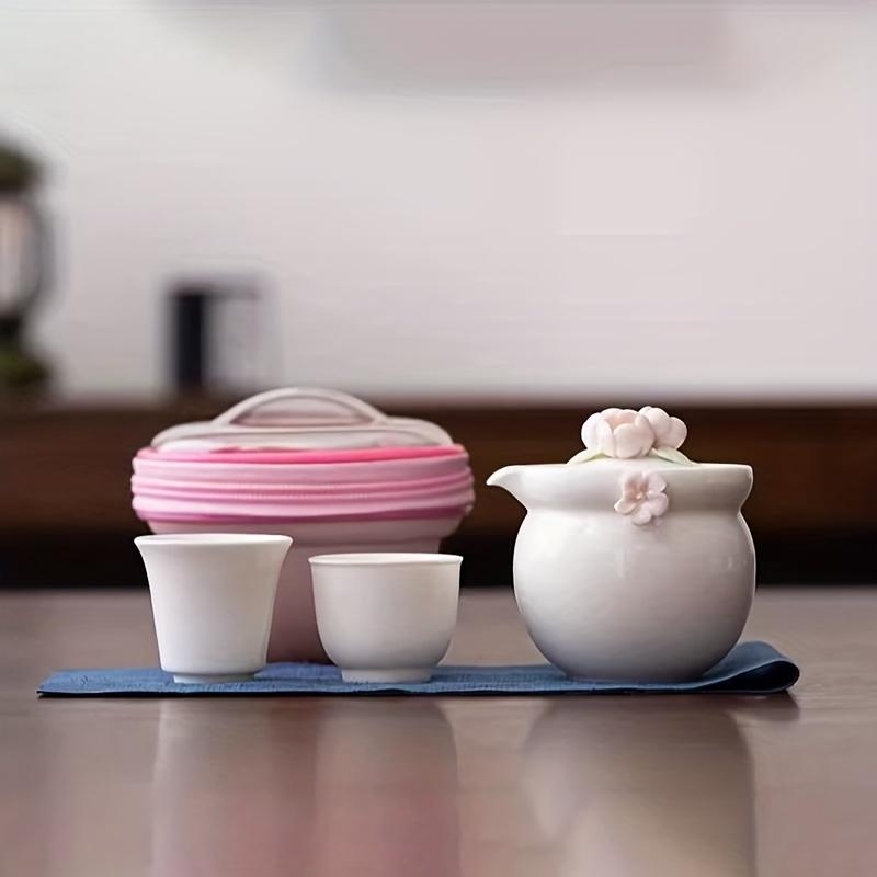 

1 комплект портативный чайный сервиз для путешествий, чайный сервиз для путешествий на открытом воздухе, 1 горшок, 4 чашки, чайник, чайная чашка, дюймовый фарфор, розовый, женский, для кемпинга, портативная сумка для хранения, Trave White Pottery Pot