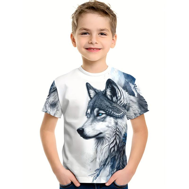 Summer Round Neck 3D Printed Wolf Pattern Top Fashionable Casual Cool Short Sleeved Children's Boy T-shirts