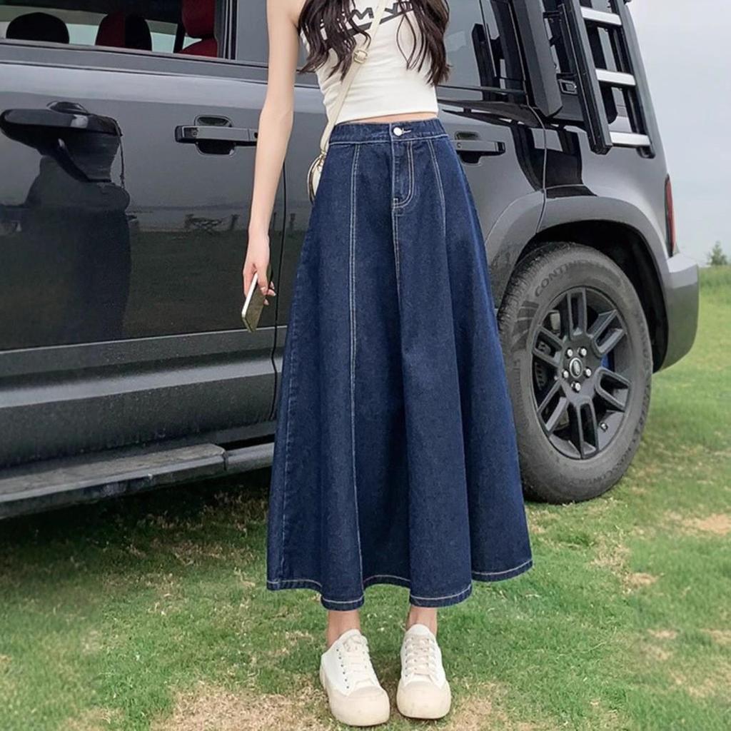 Women's High Waist A-Line Denim Midi Skirt - Slim, Fashionable, and Loose Big Swing Style for Summer