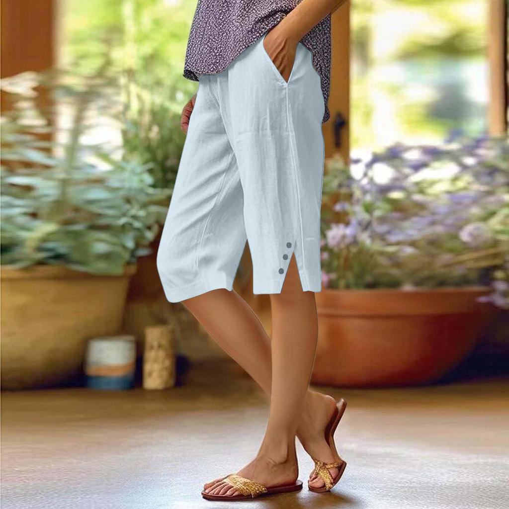 Damen Baumwoll-Leinen Shorts mit Kordelzug und Taschen, Farbe Lockere Lässige Shorts für den Sommer, Atmungsaktives Weiches Gewebe für den Alltag