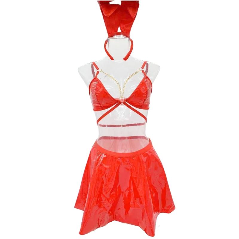 Sexy Cosplay Lingerie 3 Pieces Set Shiny Metallic Metal Chain Bandage Bra Top Elastic Waist Pleated Mini Skirt with Headband