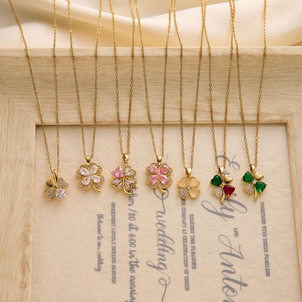 316L Stainless Steel Chain Zircon Clover Pendant Necklace for Women Luxury Colored Crystal Neck Female Wedding Jewelry Gift