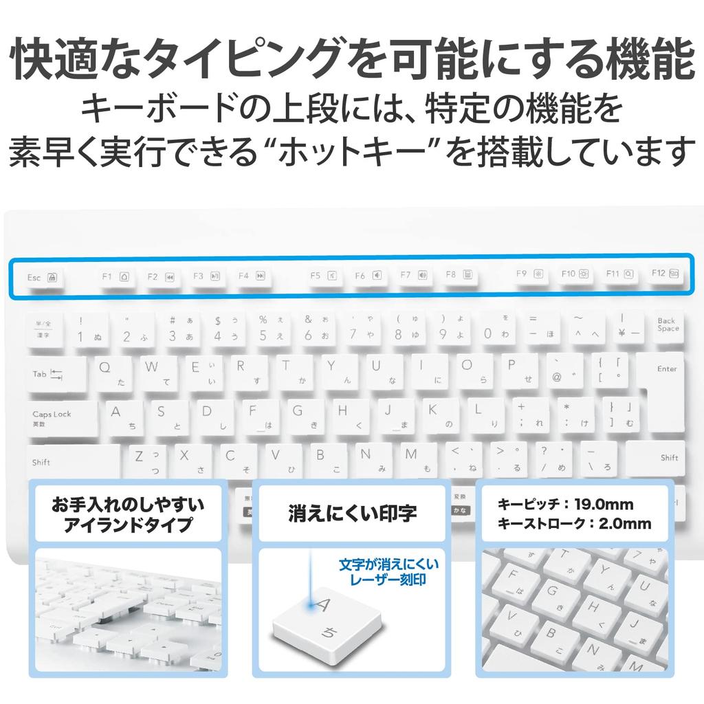 ELECOM Washable Wireless Keyboard, Waterproof, IPX5 Membrane, Full Size, with Numeric Keypad, White, TK-WS02DMKWH