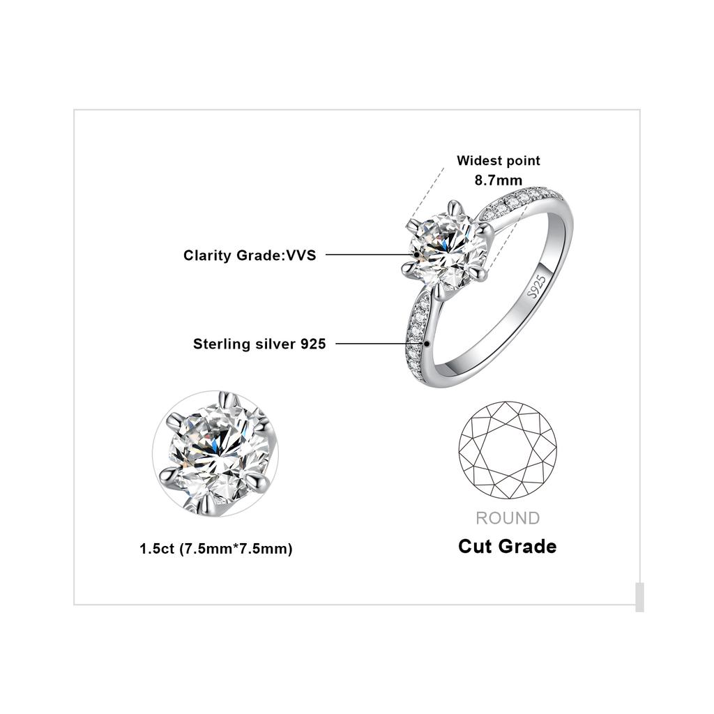 JewelryPalace Moissanite D 0.5ct 1ct 1.5ct 2ct 3ct Round S925 Silver Wedding Engagement Ring for Women