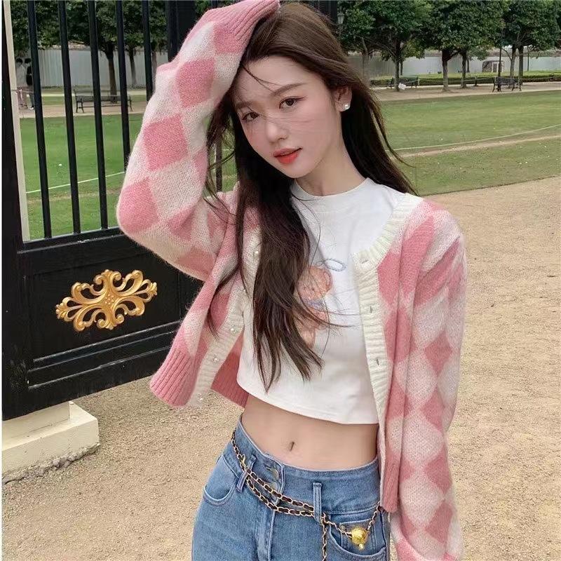 

Розовый клетчатый вязаный кардиган-жакет женский, одежда для начала осени, нишевый короткий топ с чувством дизайна one size fits all розовый