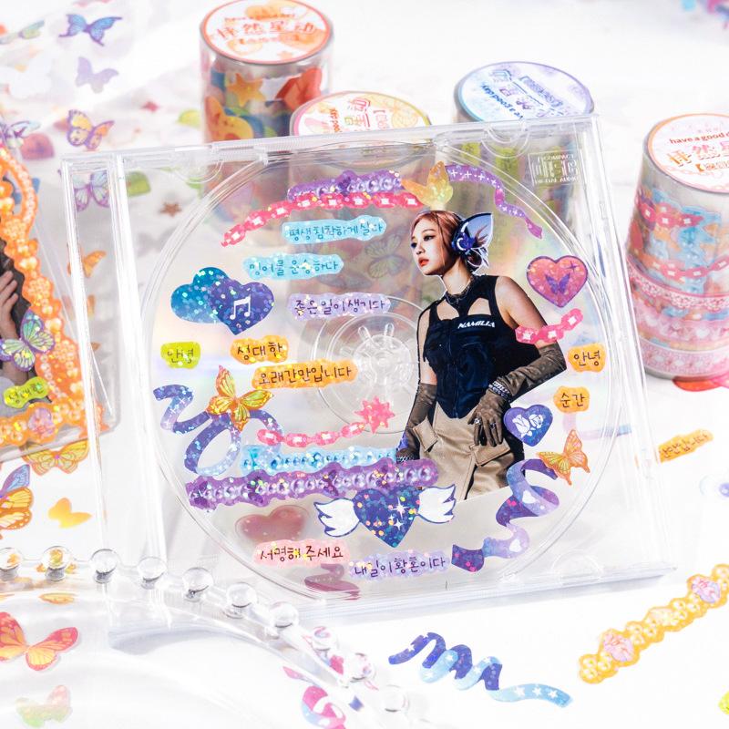 1roll/6.5x200cm Cute Butterfly & Ribbon Tape Sticker, Dreamy Sparkle Vintage-Inspired Designs, Waterproof for Scrapbook Pages