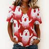 Womens Halloween Print V Neck Pullover Top Short Sleeve Casual Shirt Lightweight Comfortable Fit