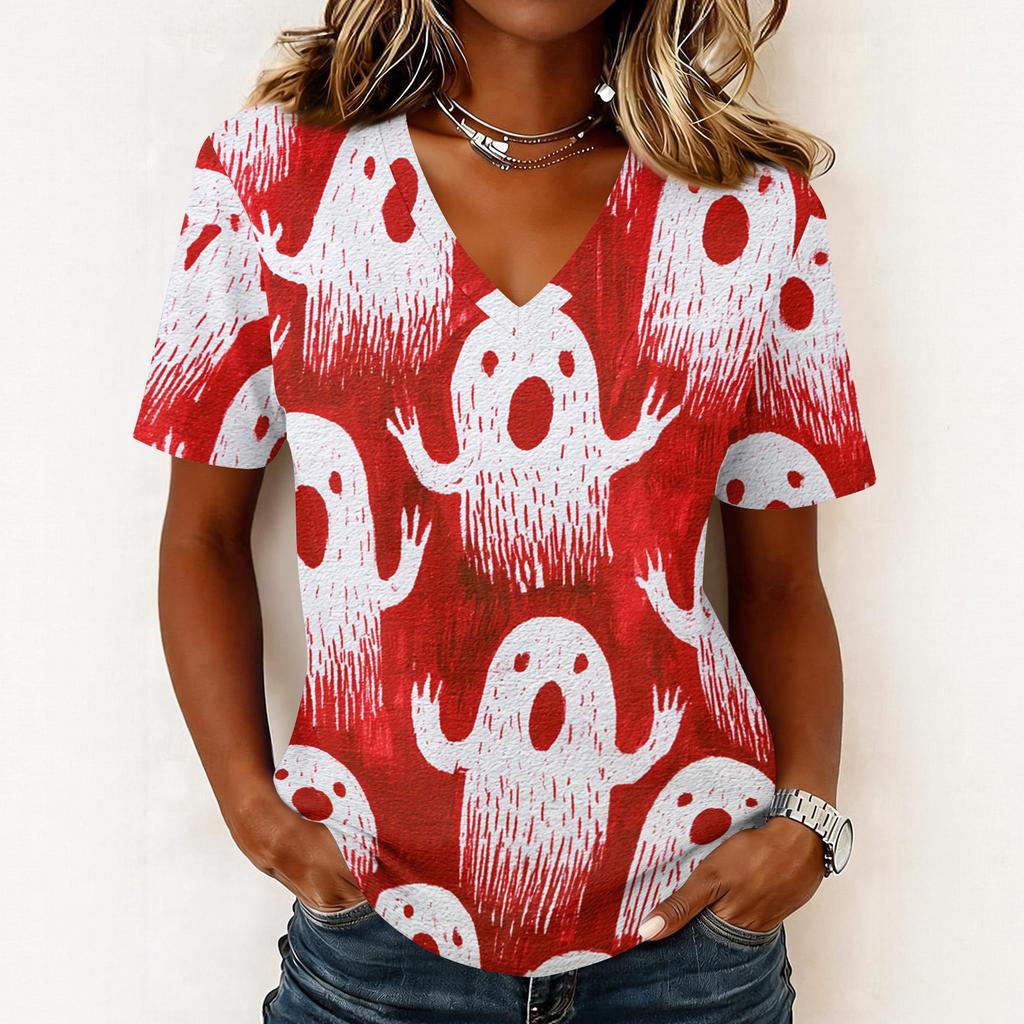 Womens Halloween Print V Neck Pullover Top Short Sleeve Casual Shirt Lightweight Comfortable Fit