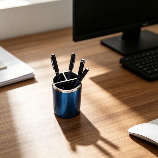 Xiaobudian Pen Holder, Cylindrical Design Pencil Holder with Silver Edge Decoration, 3-Compartment Desktop Organizer for Pens Paper Clips Makeup