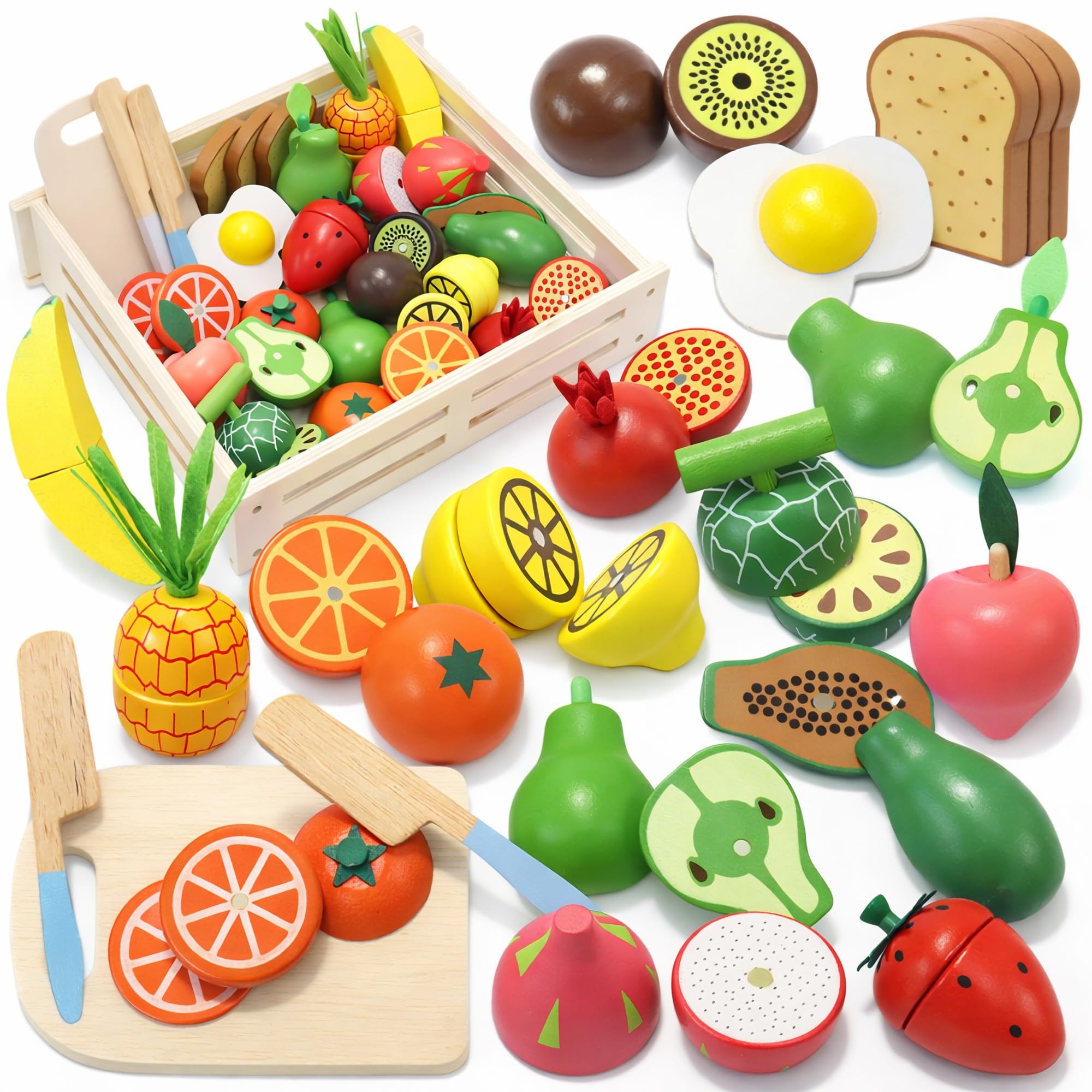 [Food Sanitation Law Tested] Rocotto Wooden Play Kitchen Set with Magnets and Velcro, Food Items (Vegetables, Fruits) with Storage Box, Large
