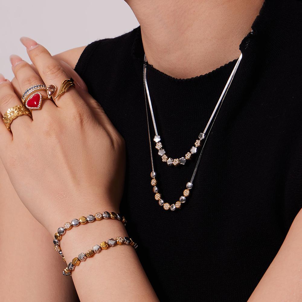 European & American Fashion Star Zirconium Necklace & Bracelet Set - Color-block Stainless Steel Jewelry