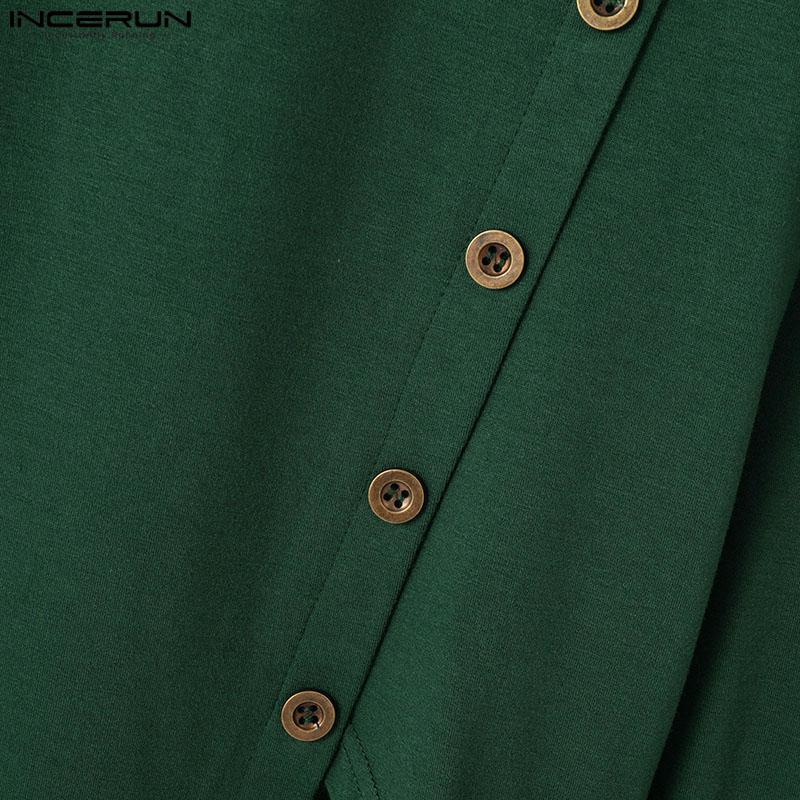 INCERUN Summer Men's Round Neck Long Sleeve Buttons Design Irregular T-shirts Tops